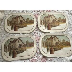 VTG Set of 4 Reversible Dick Dahlquist 1970s Placemats Farm Rustic Cabin 17x11.5
